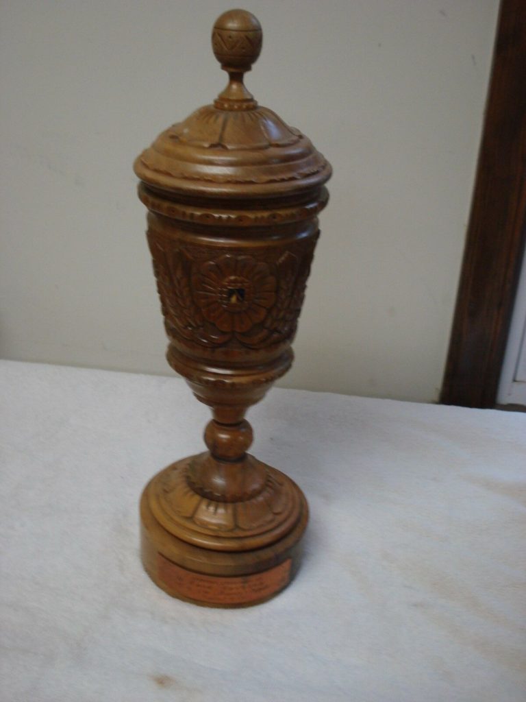 1967 16″ Ornate carved lidded Wooden Soccer Trophy, (Levski Club) Europe